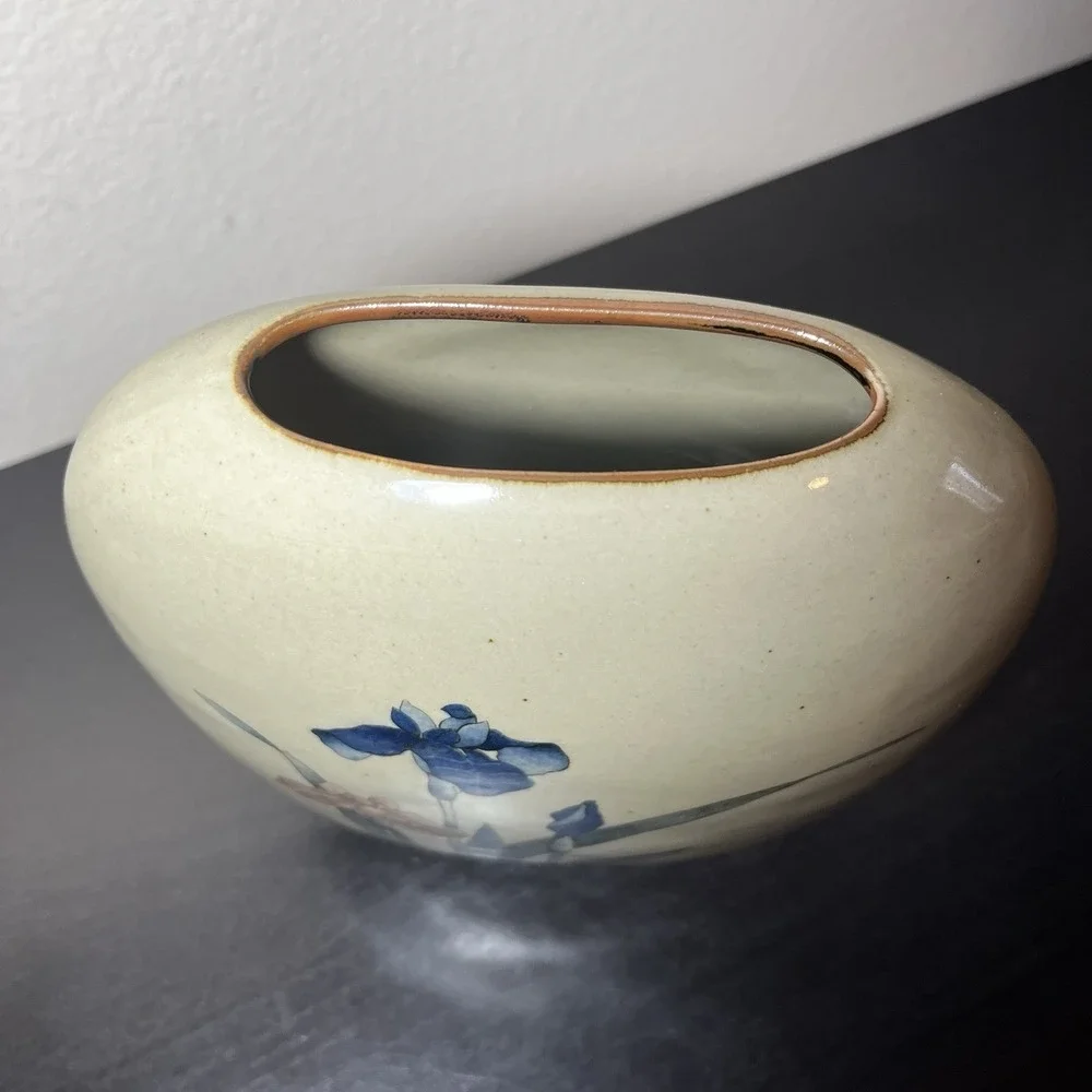 Otagiri MCM Flat‎ Vase Royal Iris Handcrafted VTG Decor Floral Botanical Japan